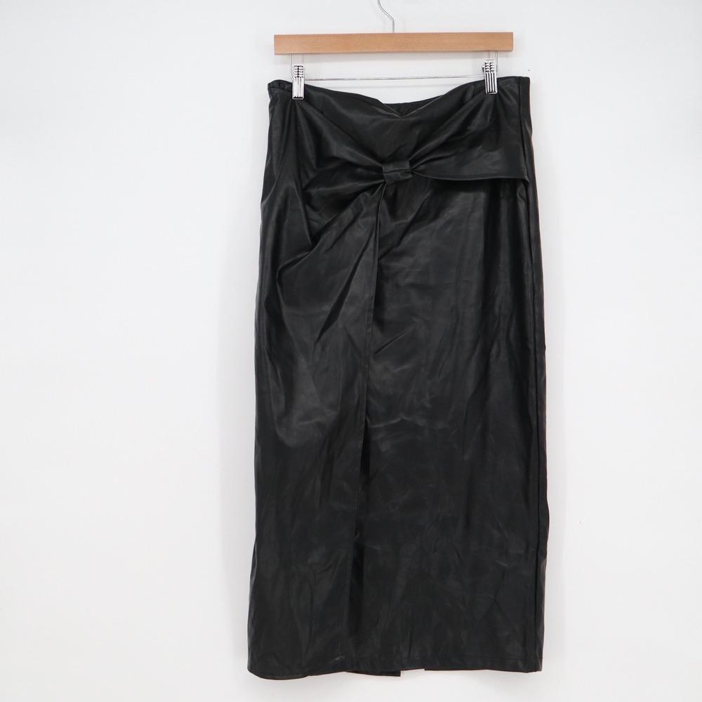 SHEIN Black Faux Leather Knot Front Midi Skirt XL High Waist Slit Pencil Skirt